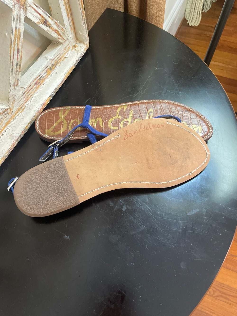 Sam Edelman Gigi Blue Suede Croc Embossed T-Strap Sandals Size 9.5 - Picture 5 of 9